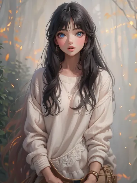 Hyper-realistic,photorealistic,a beautiful young girl, 15歳、detailed face, long black hair, wearing a thin オフショルダーのwhite sweater, スマートフォンを持ってしゃがむ、、 amazing high definition painting