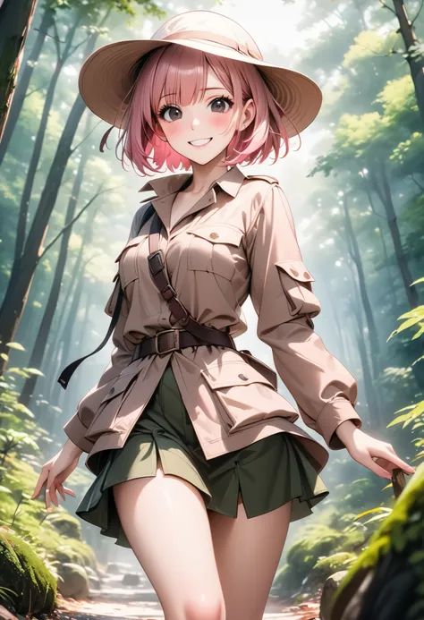 ((Adventurer costume, Safari jacket, cargo skirts, sun cap, outdoor boots)), Shiny Costumes, anatomically correct human body, only one woman, Masterpiece, best quality,　medium breasts, (short hair), Straight Hair, (pink hair:1.5), bob cut, black eye, blush...