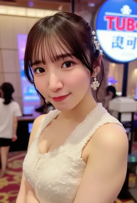   high image quality, 32K,   Extremely Accurate Anatomy, masterpiece,   realistic  ,   very detailed,   Picture of her wearing a shiny tank top ,    high definition   , (( Make a heart shape with your hands ,   cute pose and cute hairstyle)),   Smoother Li...