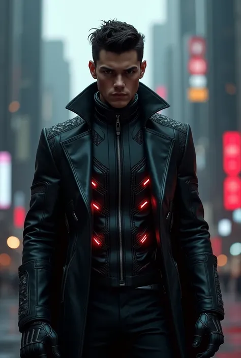 Make Tye Sheridan a villain in a black Cyberpunk-style suit with gray details and red lights on the suit 