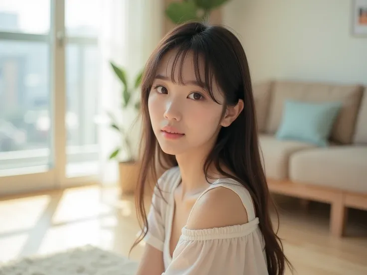 
This photo shows a young woman in a spacious living room. She sits on the light wooden floor, surrounded by natural light through the glass windows and thin white curtains, reflecting a warm and gentle atmosphere. Her hairstyle is a 2024 Korean-Japanese s...