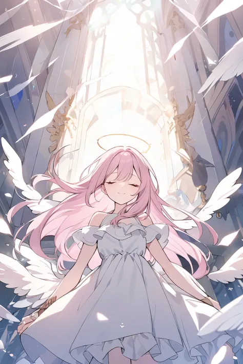 girl, light pink hair , Closed Eyes,Frill, white dress,angel ring, long hair