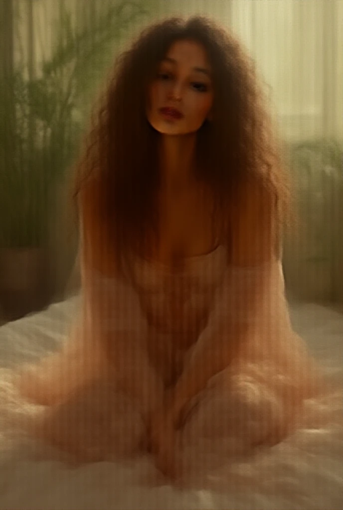 (photorealism:1.2), beautiful woman, sitting on bed, wearing loose off-shoulder and transparent top, pajama pants, long curly hair, indoors, soft lighting, plants in background, window with sunlight, cozy room, relaxed pose, realistic, intricate details, w...