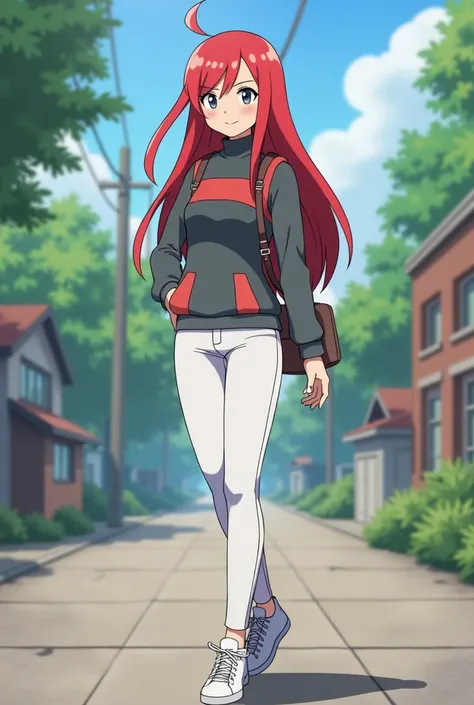 Create a Pokemon trainer girl who is around 20 years old with long and straight red hair with a gray sweater with red details and white pants with white sneakers 