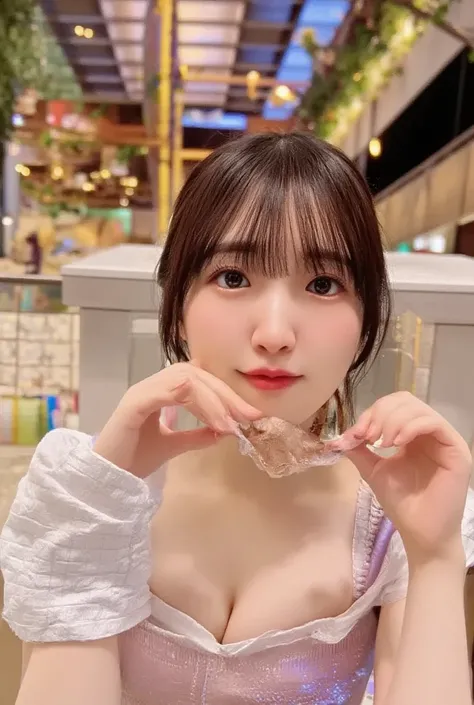   high image quality, 32K,   Extremely Accurate Anatomy, masterpiece,   realistic  ,   very detailed,   Picture of her wearing a shiny tank top ,    high definition   , (( Make a heart shape with your hands ,   cute pose and cute hairstyle)),   Smoother Li...