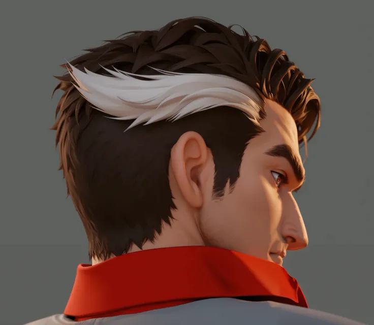 意大利man，man，Macho，Back to camera，Look back and forth，Head close-up，Large brown back，Strong nose ，The expression is serious and ferocious，Fierce and angry， obvious jawline ，Deep eye sockets，Brown pupils， eyes looking at the camera ，red shirt collar，Cartoon C...