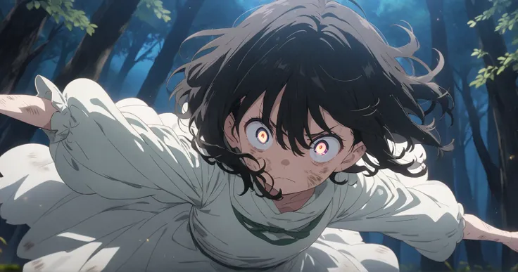 Night Forest　 Girl with Long Black Hair　 one eye is hidden　Tattered and dirty white clothes　 Key Visuals 　anime　 anime keyvisual, dynamic angle, crazy eyes, closed mouth, stylish pose,