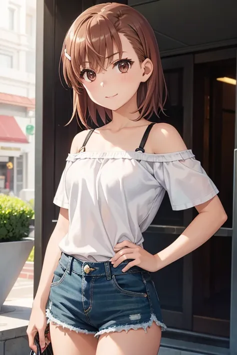 misaka mikoto、 shiny hair,  short hair, ( beautiful brown eyes、)、smile、 super detailed eyes、((hair clip)), very detailed face,  very detailed eyes,cowboy shot,、( One Girl )、 ,


Master Piece,  top quality ,  high res, masterpiece , 

 DENIM SHORTS, black o...