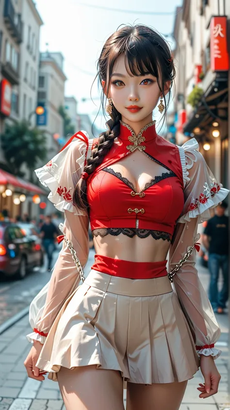 A young Asian woman, positioned slightly off-center to the left of the frame, is depicted in a dynamic, slightly stylized fashion.  She has long, dark black hair, styled in a braid adorned with red accents, and expressive brown eyes.  Her complexion is fai...