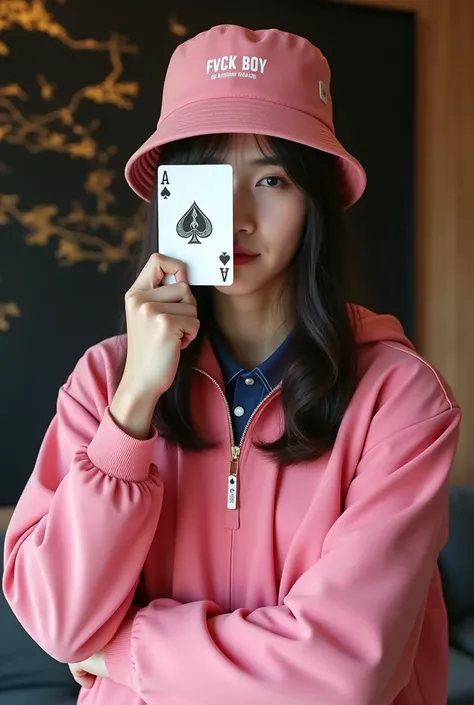  half-body portrait .  A handsome Korean man with long hair,  his right hand holding an Ace card covering part of his face ,  Wearing a pink bucket hat inscribed  "FVCK BOY ", wearing a pink parka jacket and short,  standing in the room against a backgroun...