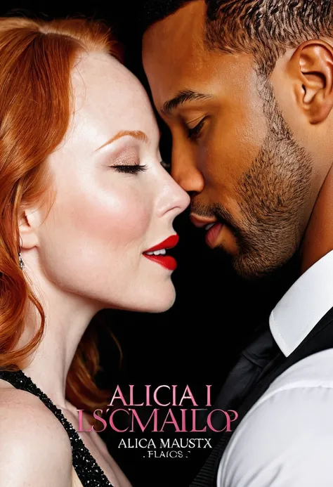 A romance novel cover showing Caucasian actress Alicia Witt and African American actor Isaiah Mustafa sharing a steamy and passionate kiss. Both are clothed. Isaiah wears a sharp suit. Alicia wears a sparkly black dress. Both look happy and in love with ea...