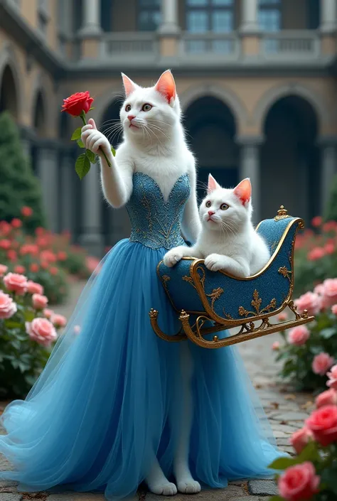 A beautiful white cat is wearing a blue sparkly cocktail dress and is holding a giant cat wearing a blue sleigh. She is picking a rose from a bed of roses. In the courtyard of a dark palace.