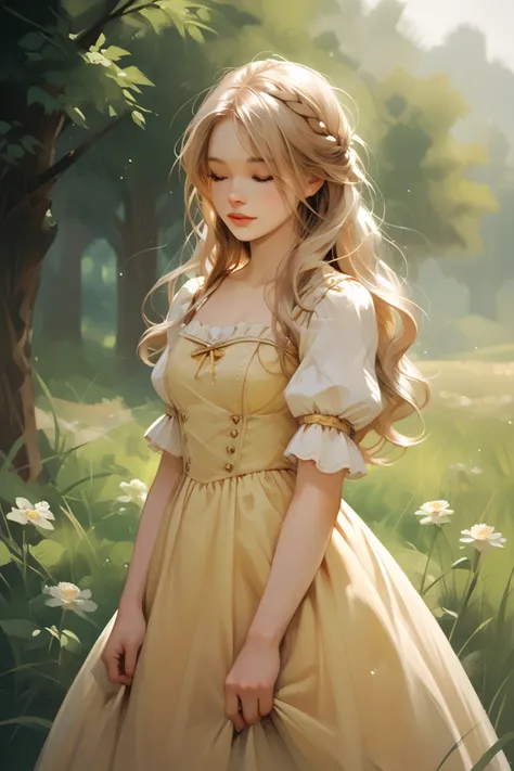 A sixteen-year-old girl stands with her eyes closed, exuding a serene and peaceful aura. Her straight blond long hair frames her face softly, and she wears a light yellow dress with round, puffy sleeves that enhance her delicate, youthful appearance. The s...