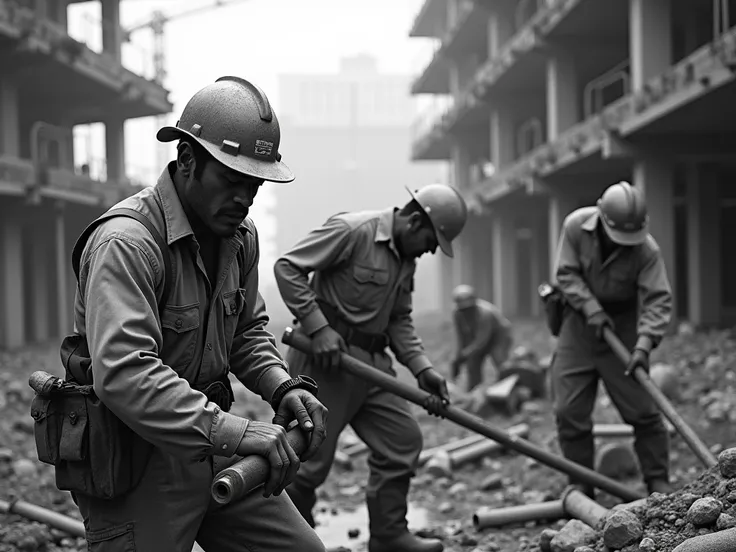 Japanese workers working on a construction site in black and white camera style