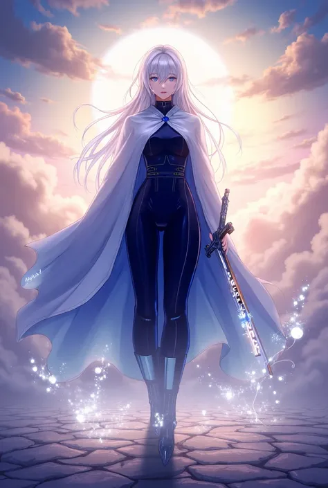 "An anime-style illustration of a powerful female character standing confidently with a magical backdrop. She has long, flowing silver hair with light blue highlights that shimmer under the sunlight. Her eyes glow with an intense sapphire hue, and she wear...