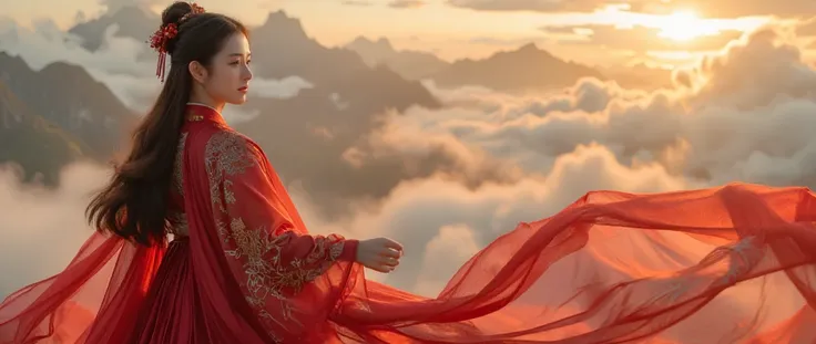 Close-up shot of Princess: A regal young Japanese princess, donning an exquisite red Hanfu, gazes confidently to her leftt side, her long brown hair cascading down her back like a silky waterfall. Her elegant features are illuminated by warm, cinematic lig...