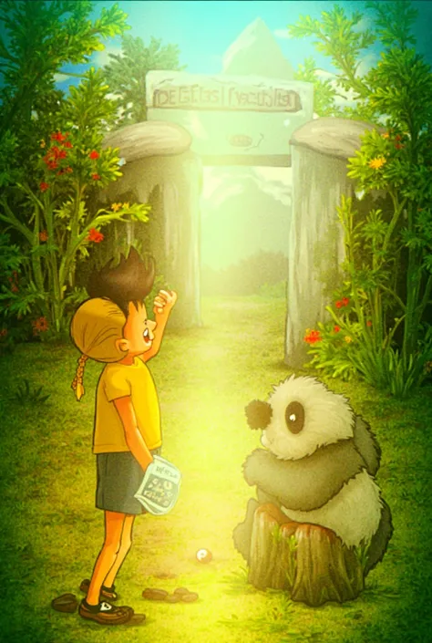 

1. Rohan zoo mein jaata hai:
"Illustration of a happy  wearing a bright yellow t-shirt and holding a zoo map, standing in front of a zoo entrance with a big sign that reads Welcome to the Zoo."

2. Rohan baby panda Ping ko dekhta hai:
"Adorable illustrat...