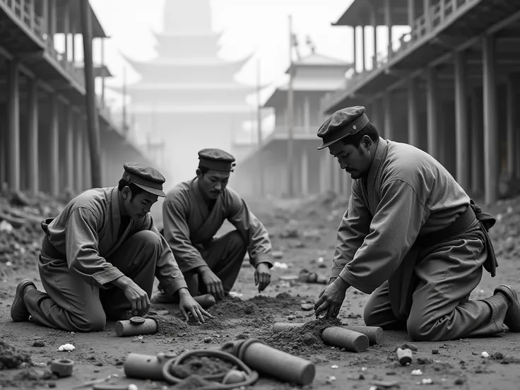 Japanese workers in the Victorian era working on a construction site in black and white camera style