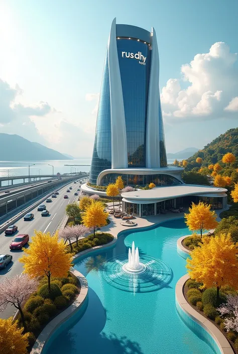 Created a Futuristic Luxury Building, glossy architecture, Futuristic variation tower, with the logo "RUSDHY HOTEL", Midday, Futuristic rooftop design, ((Fountain in sloping terrace pool)), (((maple trees with yellow leaves))), (sakura trees), ((Adjacent t...