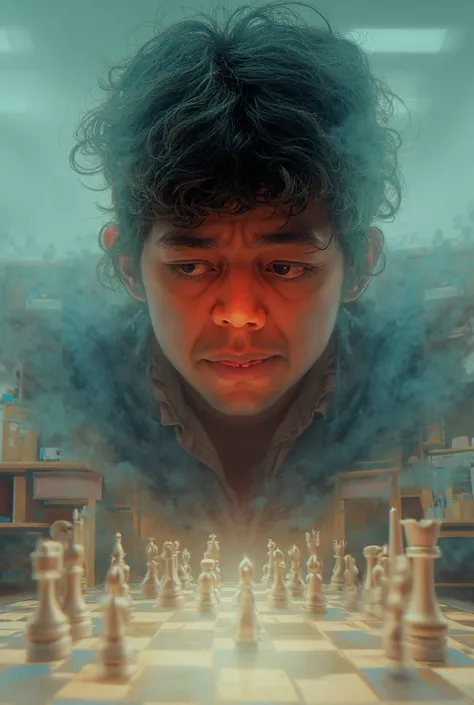 A person thinking about chess only chess even in a class room. Give it as bright image