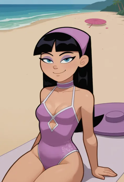 score_9, score_8_up, score_7_up, rating_explicit, 1girl, trixie tang, black hair, 1girl, long hair, hairband, bangs, eyeshadow, makeup, purple qipao, white trim, small breasts, huge hips, cute, cleavage, bedroom eyes, looking at viewer, close-up, head tilt...