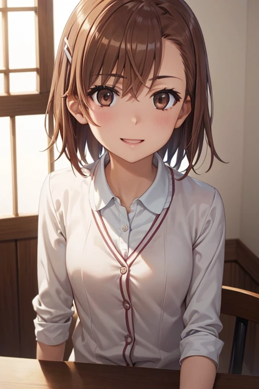 misaka mikoto、 shiny hair,  short hair, ( beautiful brown eyes、)、smile、 super detailed eyes、((hair clip)),非常に detailed face ,  very detailed eyes,cowboy shot,、( One Girl )、 ,Master Piece,  top quality ,  high res, masterpiece , 



 open chest 、 cardigan 、...