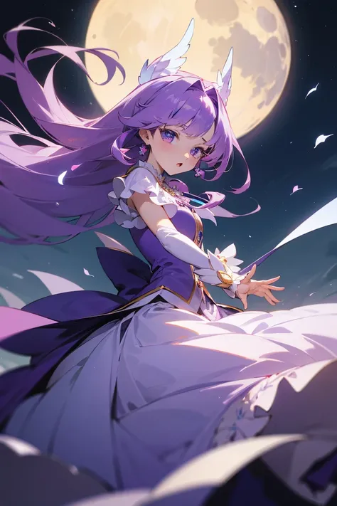 Score_9,Score_8_up,Score_7_up,highest quality anime,masterpiece,extremely detailed,depth of field,high-resolution,1 magical woman,fantastic fighting white and violet dress,huge full moon,posing,キュアムーンライト