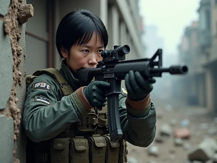 A South Korean special forces captain is fighting with a rifle