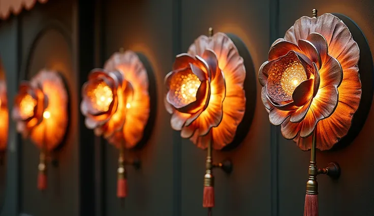 This is a set of Chinese classical steam mechanical industrial style wall lamps in the commercial pedestrian street. A series of steam peony wall lamps are installed on the aisles and walls of the block. The lamp is circular in shape, with a blooming metal...