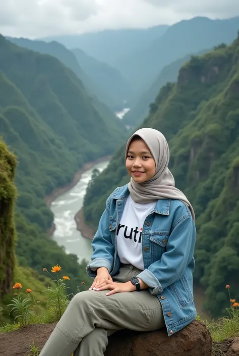 Beautiful Indonesia girl, smooth white skin, well-groomed face, cream gray hijab, cream gray jeans jacket, white T-shirt with the " r u t i n " logo, cargo pants, cool black watch, white shoes, posing sitting on a high mountain, with the background seen fr...