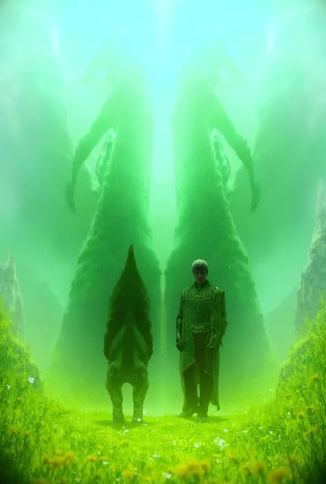 There is a green dragon and a handsome man view facing forward walks together