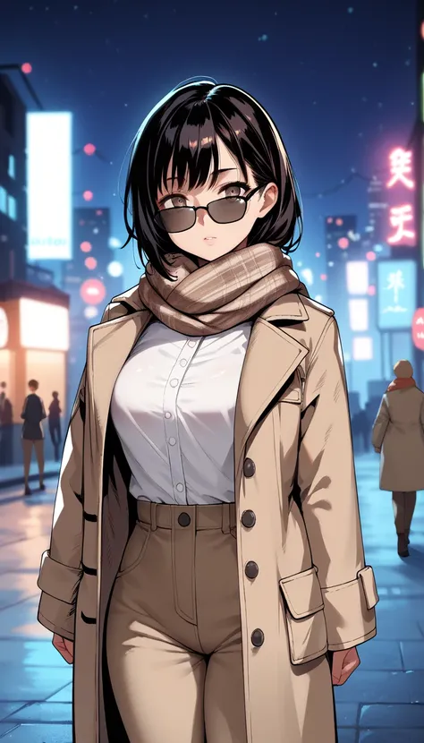 score_9, score_8_up, score_7_up, score_6_up, score_5_up, score_4_up, 1girl, black hair, bangs, (black sunglasses, black glasses), detailed face, brown trench coat, trench coat, brown scarf, scarf around neck, breasts, brown pants, city background, city sce...