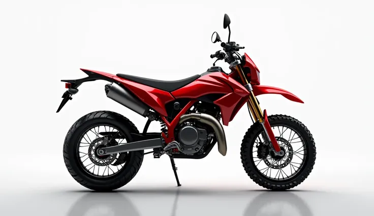 Generate a high-resolution, fully realistic image of a (2025 Suzuki dr-z 400 dirt bike) in (Vibrant red Color) , with a sleek and modern exterior, futuristic wheels, and a shimmering body color, displayed in a luxurious showroom.The image should be highly ...