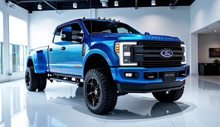 ( right  ) view of painted gleamy( diamond Blue ) diamond with shiny colour 2026 ( Ford Raptor F-450 ) sleek in large shape sedan in large size with Ford Raptor F-450 logo on its large detailed grille in shiny white colour with angular sporty design 
captu...