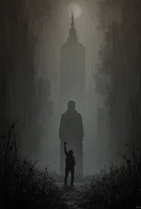 Make a high quality detailed drawing of horror but with a boy that is unphased, monochromatic in style junji and style john kenn. VHS analog in the ground and its hard to find people. Hard to know what is real or not, people there cant remember anything. H...