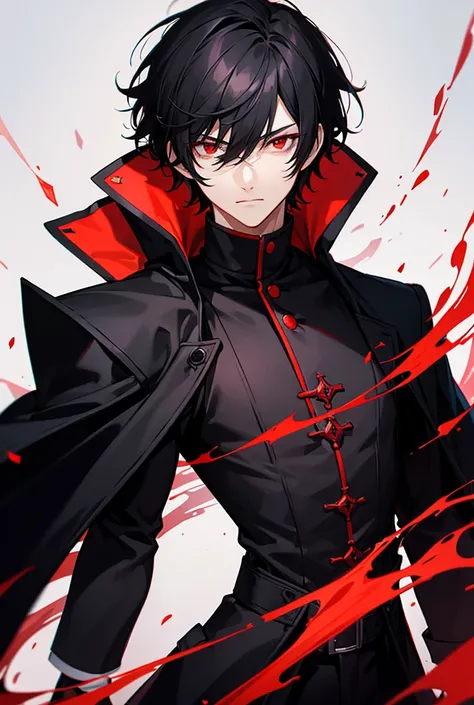  black hair, short hair, red eyes, black coat,male