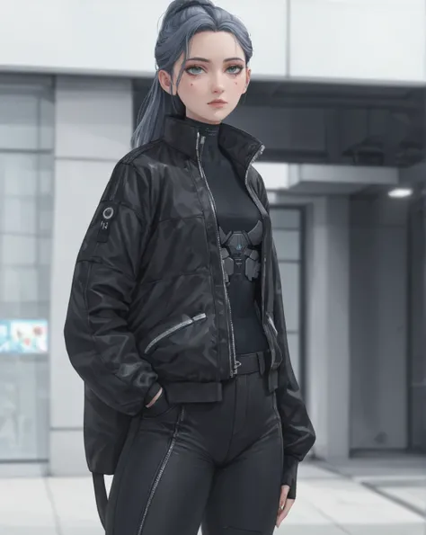 Pixar cartoon images,. The girl, wearing a black jacket and black trousers, stands in front of the building., photograph of a  Techware  woman, 2  Techware  women,  Techware  fashion,  Techware  look and clothes,  Techware !! intricate,  Techware  clothes,...