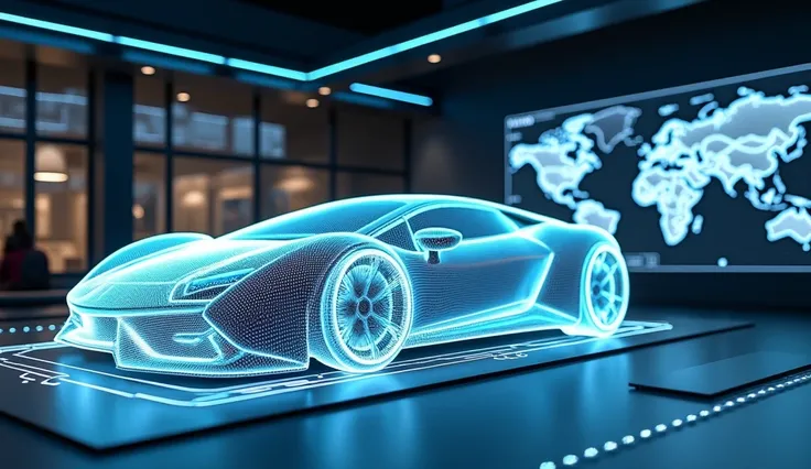 Create an image of a futuristic design studio where the concept of a Lamborghini is being brought to life. Display a large holographic screen showing the initial concept sketches and designs of a Lamborghini supercar, with a glowing 3D wireframe model rota...