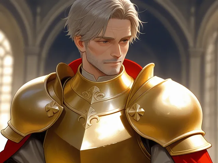  A handsome 50-year-old middle-aged man in medieval fantasy, General in the Golden Armor 
