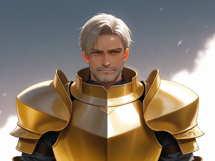 Handsome 100-year-old handsome man in medieval fantasy, General in the Golden Armor 
