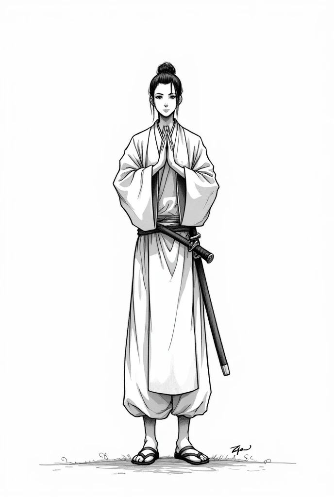 Manga sketch, Samurai greeting the spectator in a respectful manner, dressed in simple garments 