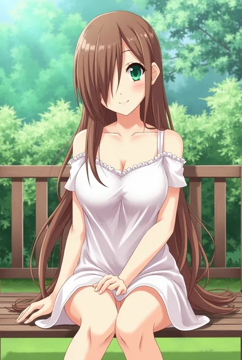 sitting on bench, casual dress, garden background, Mei Terumi, anime cels style, best quality, high resolution, 1girl, (large breasts:1.2), beautiful face, long hair, brown hair, green eyes, ((hair over one eye)), lipstick, cowboy shot, light smilsitting o...