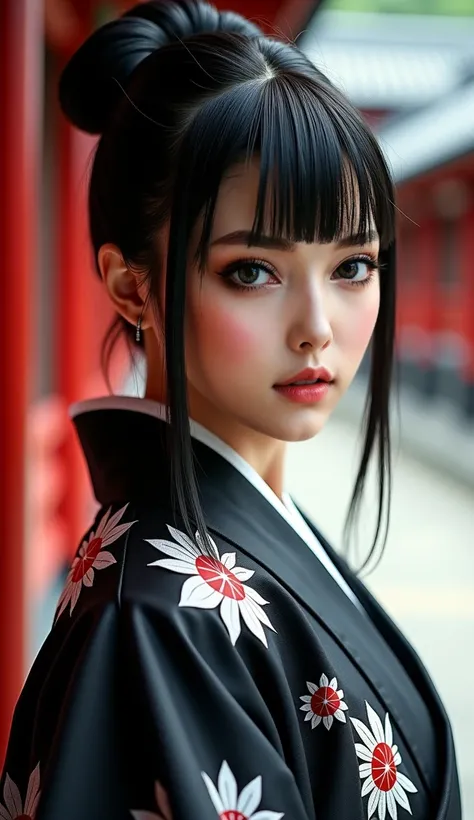 16K quality， ultra-realistic style ，Woman with black Himekiri hairstyle， Princess cut hairstyle ， A woman wearing a black Kabuki costume，Black and white color clothing， Strong-eyed ，Baek Chuls skin ， The background is a Japanese building 