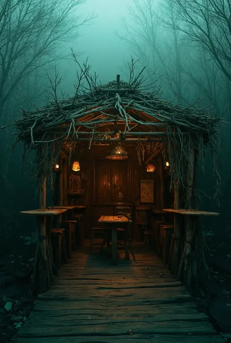 Make me a horror-themed stall where the stall is not too big, then behind the stall there is a bamboo gazebo, in front of the stall there are several tables and only 5 chairs, and the stall is located next to the river bridge, the stall is called Mr Top