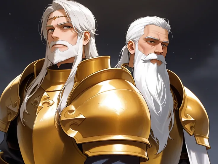 Handsome 100-year-old handsome man in medieval fantasy, General in the Golden Armor has a long beard
