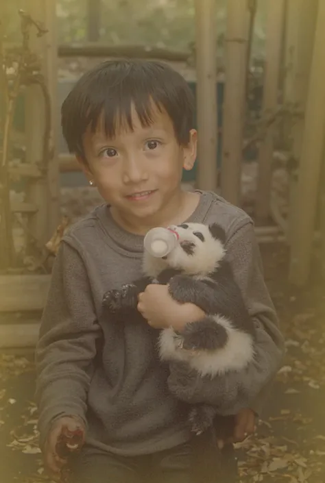 1. A  () standing next to a bamboo crib, holding a baby panda (Mochi).
2. Ling feeding Mochi with a bottle, surrounded by bamboo.
3. Lings parents handing him a baby panda to hold.
4. A close-up of Lings smiling face as he holds Mochi.