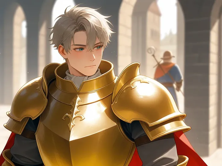 Handsome 30-year-old young man in medieval fantasy, General in the Golden Armor 
