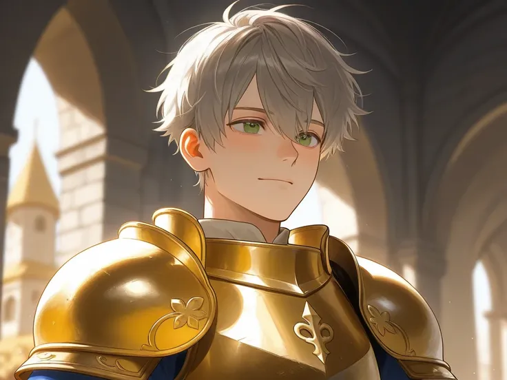 Handsome 30-year-old young man in medieval fantasy, General in the Golden Armor 
