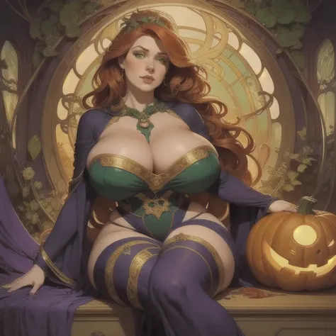  masterpiece , Alone,  a mature woman ,an arcane sorceress ,  long wavy hair , red hair,  emerald green eyes,freckles,  full lips ,  half-open lips , round face,  wearing traditional witch costume with a ,dark suit,  huge breasts ,  WIDE HIPS,  thick thigh...