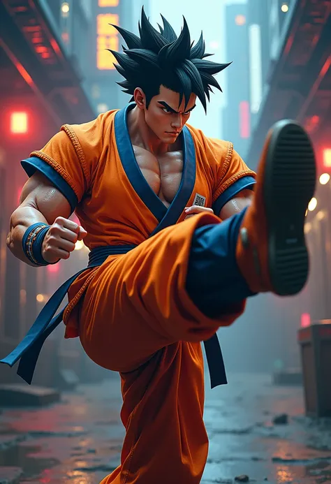 A muscular male figure in dynamic action pose, detailed facial features, intense expression, spiky anime-style hair, wearing an orange and blue martial arts uniform, powerful kicking leg motion, background with futuristic elements, vivid colors, dramatic l...